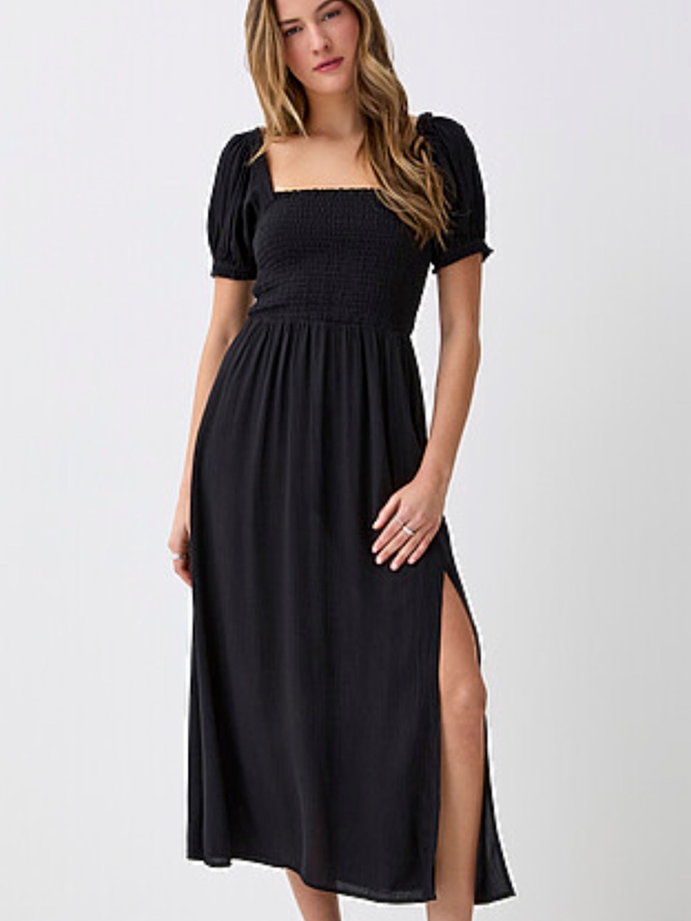 twik Black Smocked Square-Neck Midi Dress with Puff Sleeves and Side Slit